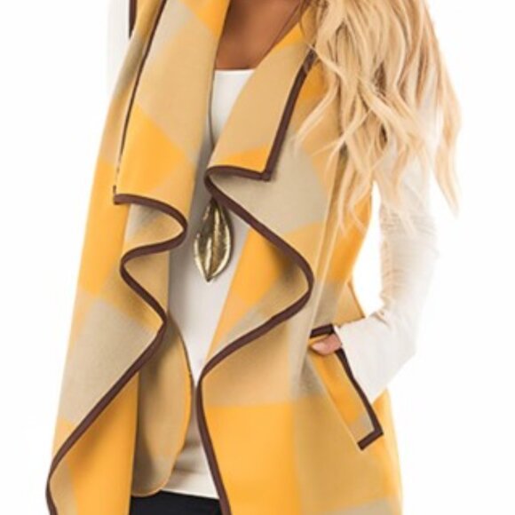 Yellow‎ Gray Plaid Women's Open Vest with Pockets size XL - Picture 4 of 13